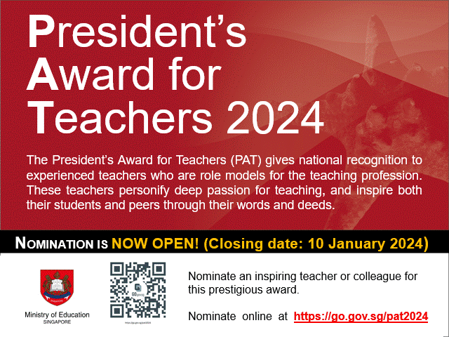 Red and white flyer for President's Award for Teachers 2024, with nomination open until 10 January 2024.